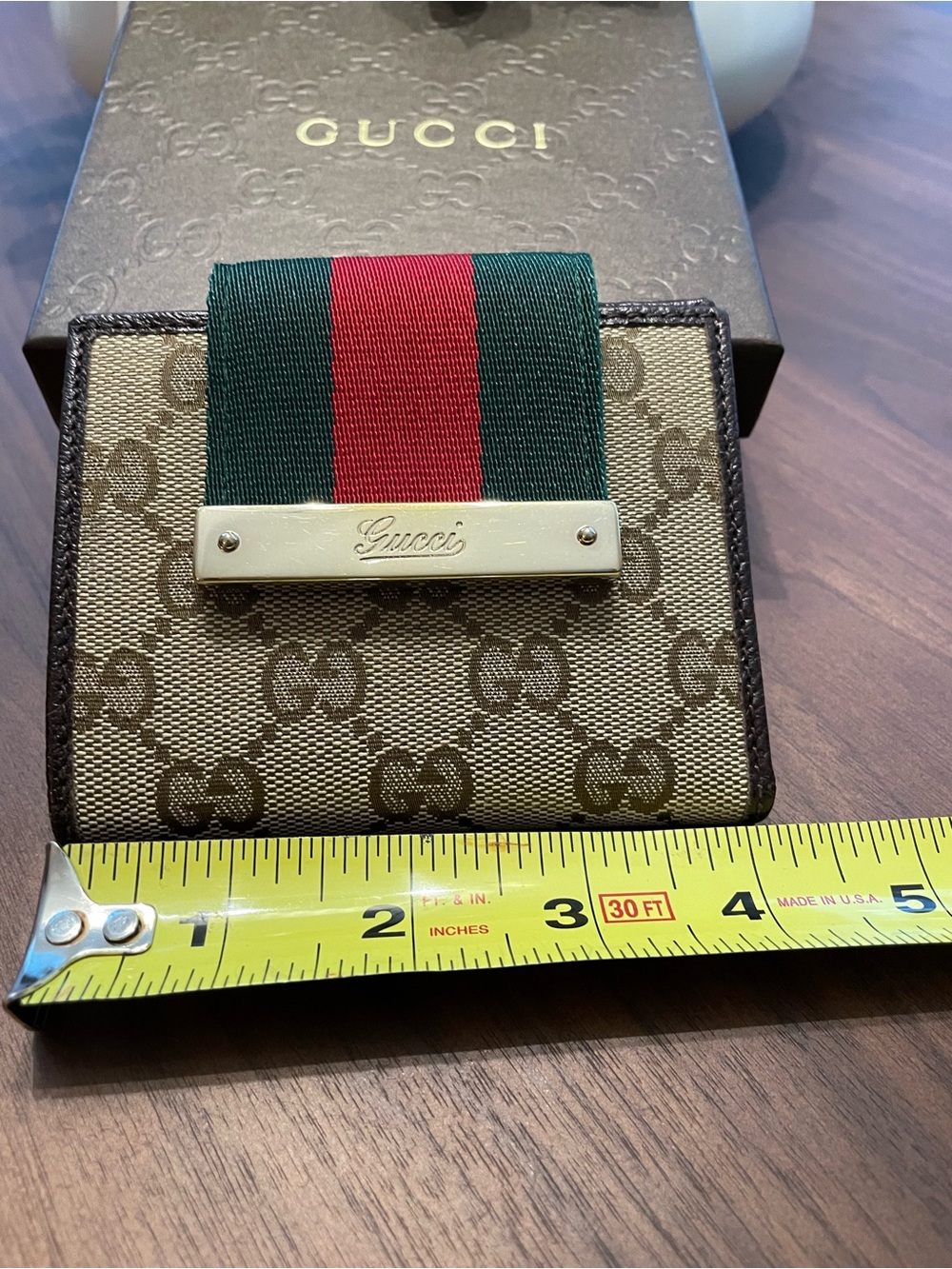 Gucci GG Canvas Tri-Fold Card Holder with Green and Red Web. Authentic. - Picture 10 of 13